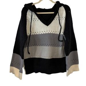 Shein Curve 1XL Black White Gray Color Block Knit Hoodie Long Sleeve Sweater
